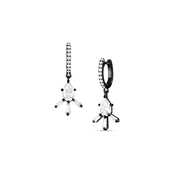 one of a kind pear-cut and baguettes starburst earrings on diamond huggie hoops, in black gold <span class='visuallyhidden'>Call, text 323-404-2959 for shopping help.</span>